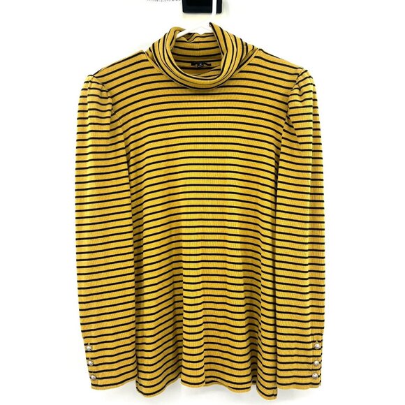 Talbots Yellow Black Striped Ribbed Puff Sleeve Turtleneck Top Women's Medium - Picture 1 of 5